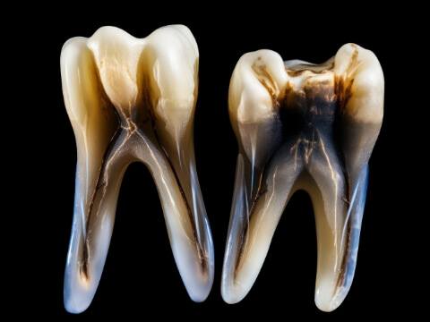 Two blackened infected teeth against black background