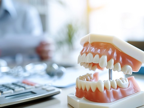 Mouth mold and calculator with person in background