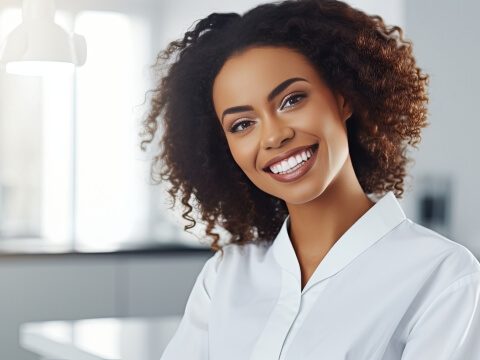 Smiling woman in white collared shirt